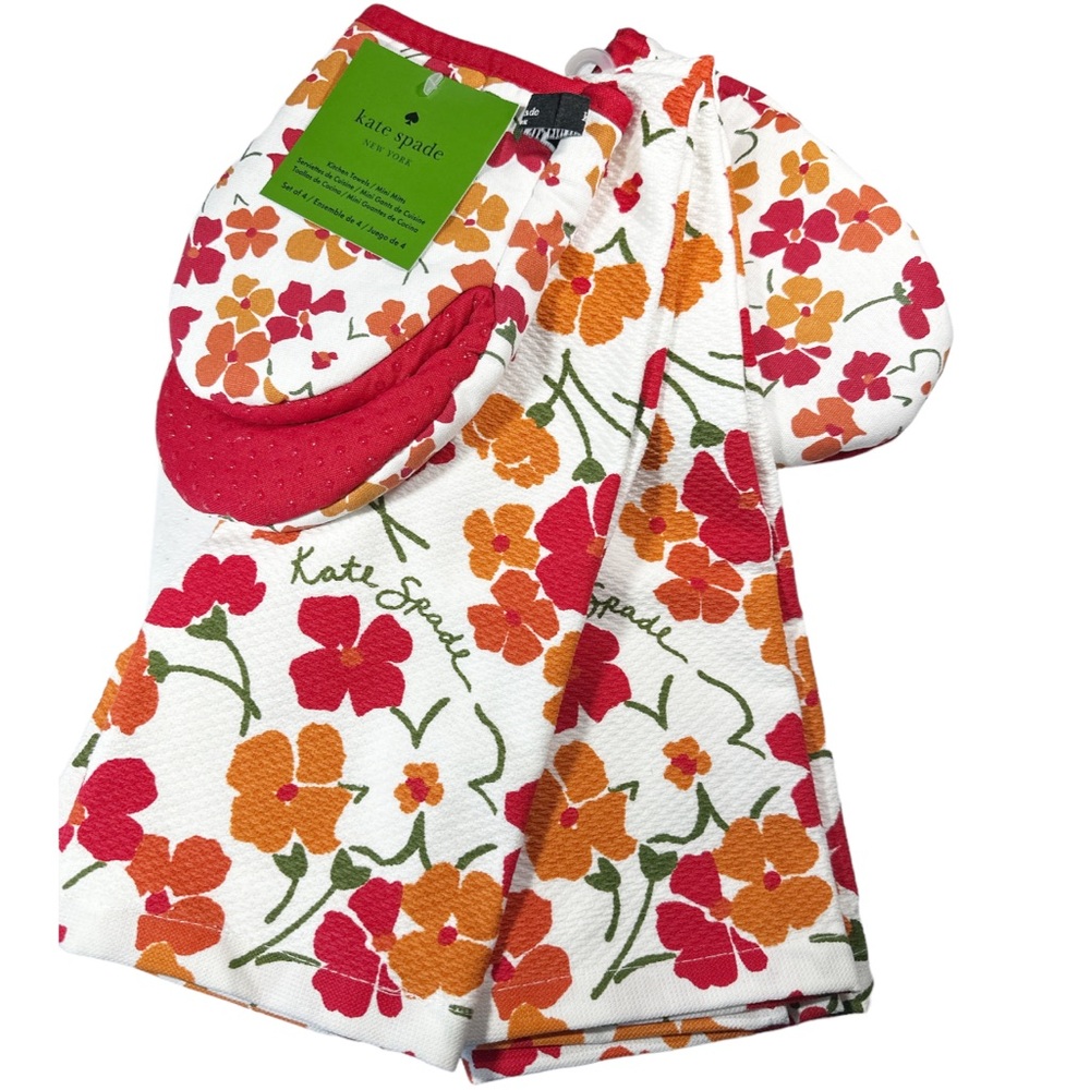 NEW ♠️Kate Spade♠️ FLORAL DESIGN Kitchen Towel & Mini Oven Mitt 4 Piece Set 🌺